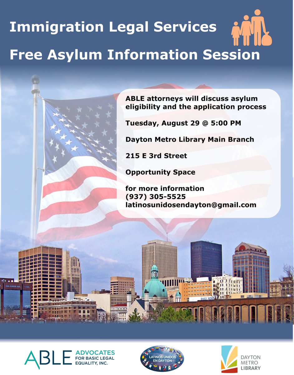 Are you, or someone you know, looking for advice on how to renew an expired visa and/or green card? @ablelawinc Able Advocates for Basic Legal Equality is hosting an asylum info session on August 29.

Session will be held in English, Spanish, and Swahili.