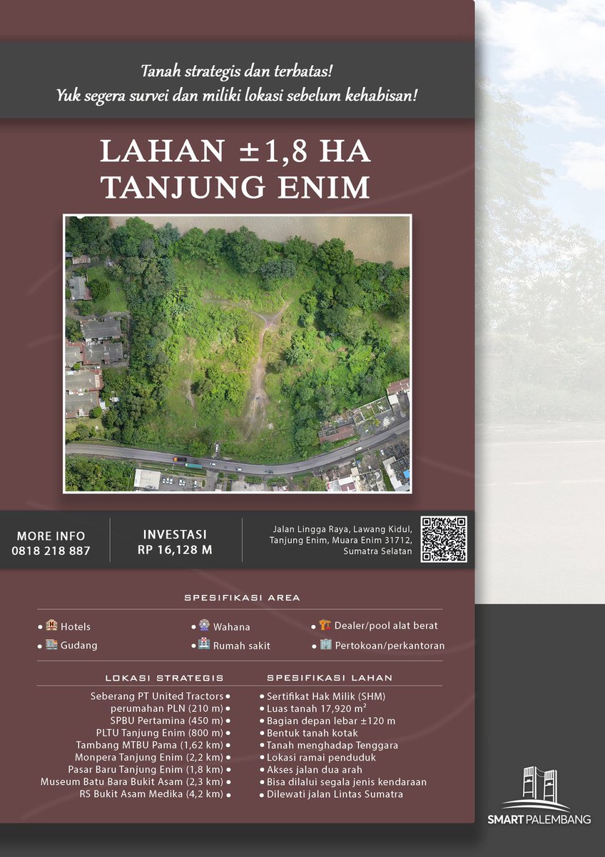 SmartPalembang's tweet photo. Lahan Strategis Pusat Kota Tanjung Enim

Spesifikasi
• SHM
• 17.920 m² 
• Bagian depan lebar
• Bentuk kotak
• Hadap tenggara
• Ramai penduduk
• Akses jalan dua arah

Yuk survei dan cek langsung lokasi!

#lawangkidul
#tanahtanjungenim
#propertitanjungenim
#smartpalembang https://t.co/OdUicNZv9u