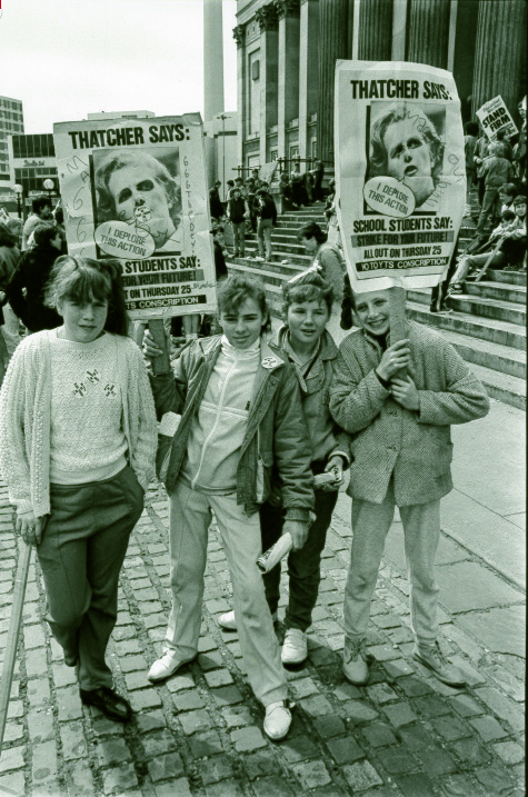 GroomB's tweet photo. Liverpool school strike against Thatcher's Youth Training Scheme, 1985, by Dave Sinclair. Scheme was criticised as exploitation. There were school strikes in several cities. https://t.co/3F468zFMDc