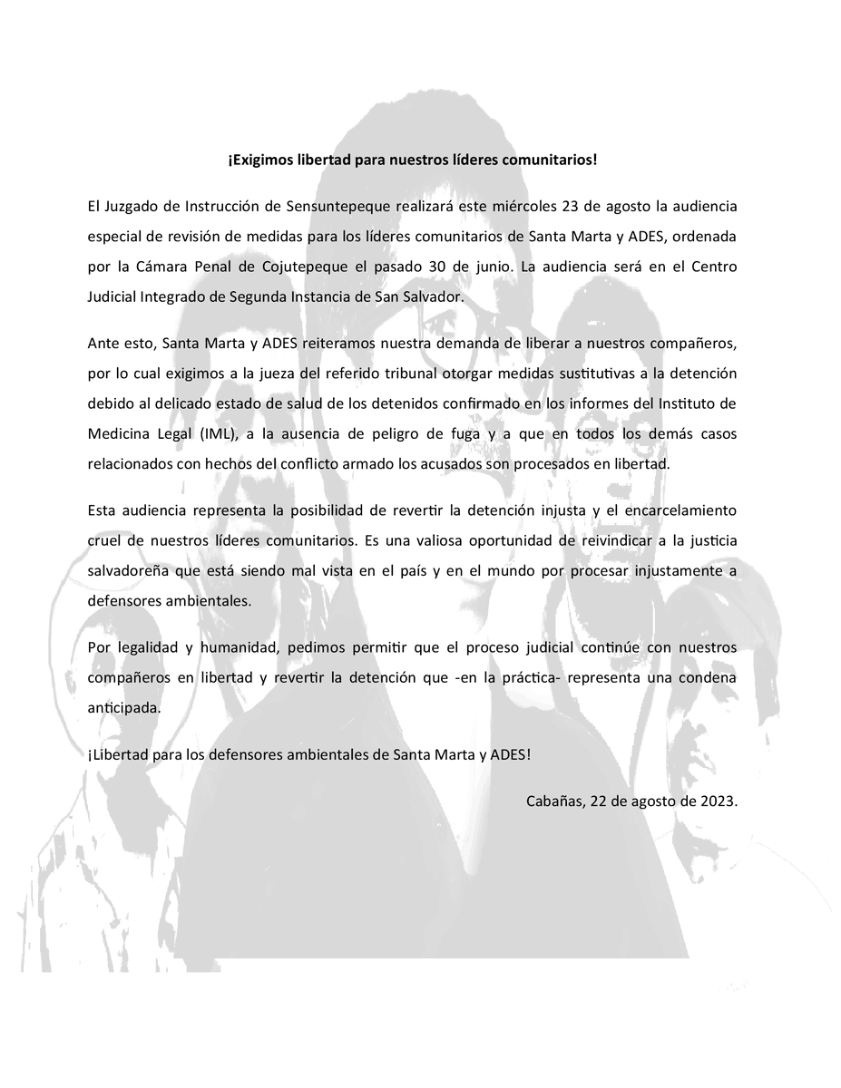 #Libertadparalos5| <a href="/ades_sm/">ADES Santa Marta</a> y la <a href="/CSantaMarta1987/">Comunidad Santa Marta</a>
reiteran demandan de liberar a los defensores de Cabañas. El Instituto de Medicina Legal, ha confirmado el delicado estado de salud de los detenidos. #Comunicado