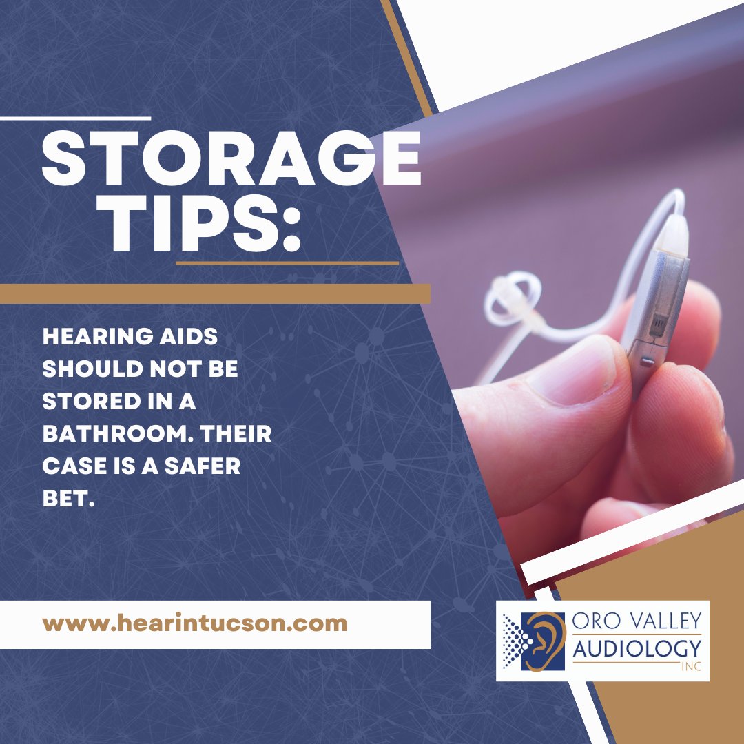 HearInTucson's tweet photo. Don’t store your hearing aids in the bathroom! Bathrooms are more humid, causing issues with the electronics in your hearing aids over time.🦻Tip: set up a hearing aid station n your room where you can keep your hearing aids, case, batteries, or charger/cords. #OroValleyAudiology https://t.co/1aKVxW5ItI