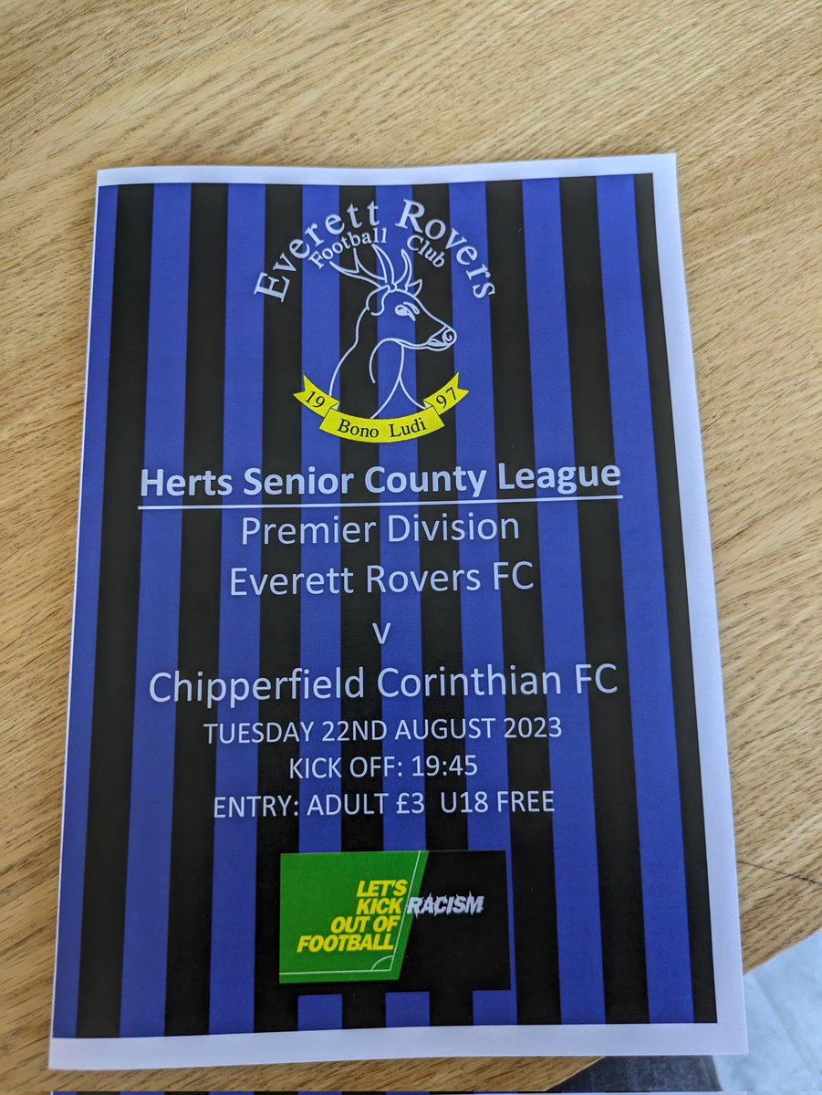 Tonight's match prog offering from <a href="/everettrovers1/">Everett Rovers FC Saturday Team</a> Vs <a href="/ChipCorinthians/">Chipperfield Corinthians</a> in <a href="/hscfl/">HSCL</a> 4 pages. Included in entry fee £3