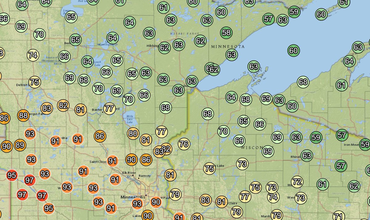 NWSduluth's tweet image. 1 PM temperatures: Take your pick from the upper 50s in northern Minnesota or upper 90s in southern Minnesota. With dew points in the low 80s in the south, heat indices are over 110F.