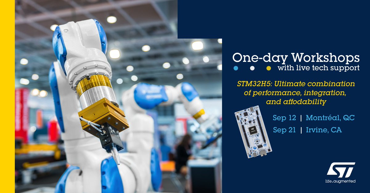 ST_World's tweet image. Join ST experts in Montréal, QC or Irvine, CA this September for a hands-on workshop to learn how to enhance your next industrial or IoT application with the STM32H5, a powerful yet cost-effective MCU. More info + registration: spkl.io/60164YdNq #STM32 #STM32H5