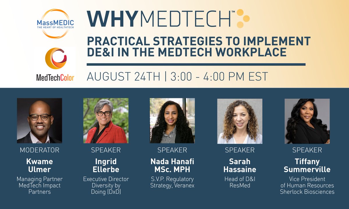 WhyMedtech (@whymedtech) on Twitter photo Happening Thursday! Register now for our upcoming webinar with <a href="/medtechcolor/">MedTechColor</a>: #WhyMedtech - Practical Strategies to Implement DE&I in the Medtech Workplace.
You won't want to miss this event!
business.massmedic.com/events/Details…
#medtech #massmedic #dei #medtechdei Happening Thursday! Register now for our upcoming webinar with <a href="/medtechcolor/">MedTechColor</a>: #WhyMedtech - Practical Strategies to Implement DE&I in the Medtech Workplace.
You won't want to miss this event!
business.massmedic.com/events/Details…
#medtech #massmedic #dei #medtechdei
