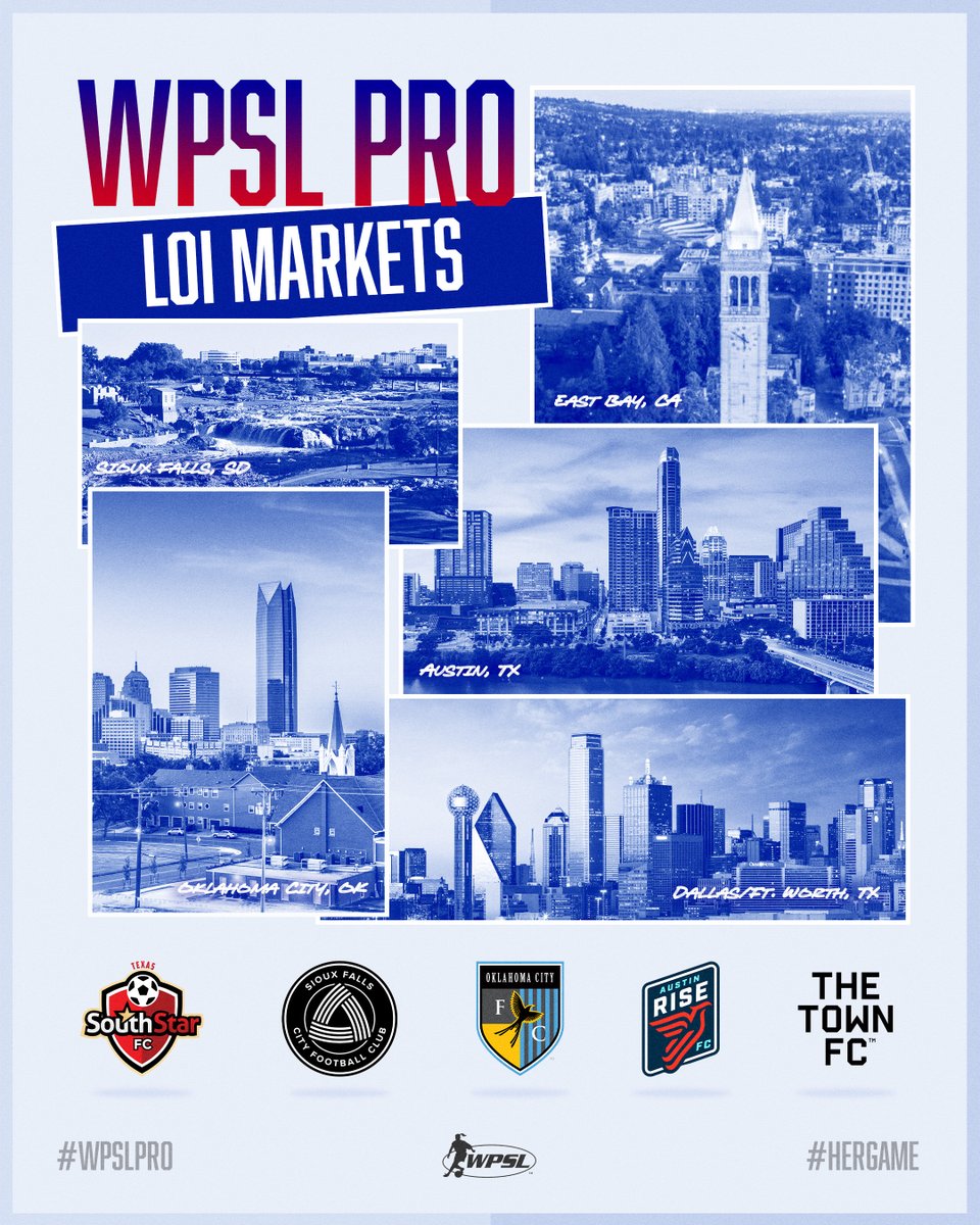 The Women's Premier Soccer League announced today the five initial clubs that have signed LOIs to  𝗪𝗣𝗦𝗟 𝗣𝗥𝗢

 ✅ @oklahomacityfc 
 ✅ @siouxfallscity 
 ✅ @southstarfc1 
 ✅ @austinrisefc 
 ✅ @thetown_fc 

𝚁𝙴𝙰𝙳 𝙼𝙾𝚁𝙴 wpsl.io/VwTpTd8