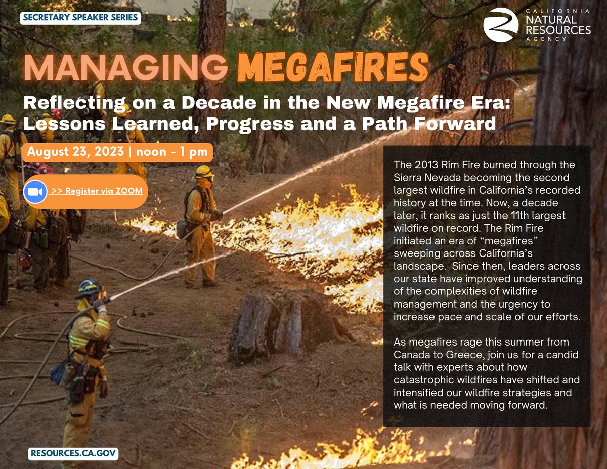 Join us tomorrow for 'Managing Megafires: Reflecting on a Decade in the New Megafire Era'🔥with Secty. @WadeCrowfoot, @CALFIRE_CHIEF Joe Tyler & experts from @YosemiteNPS, @vibrantplanet_, @CAsWatershed & the Tuolumne Band of Me-Wuk Indians. Register now: ca-water-gov.zoom.us/webinar/regist…