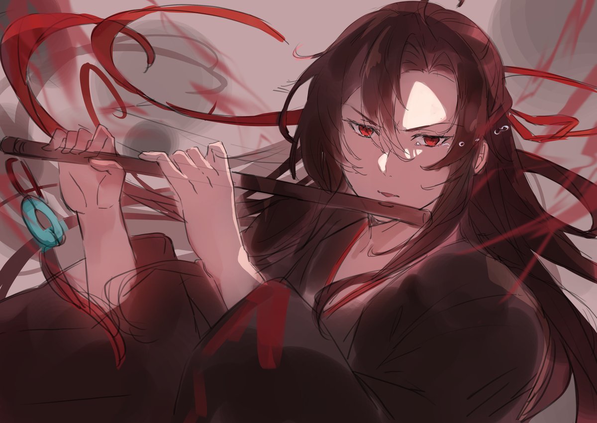 flute instrument red eyes long hair solo playing instrument male focus  illustration images