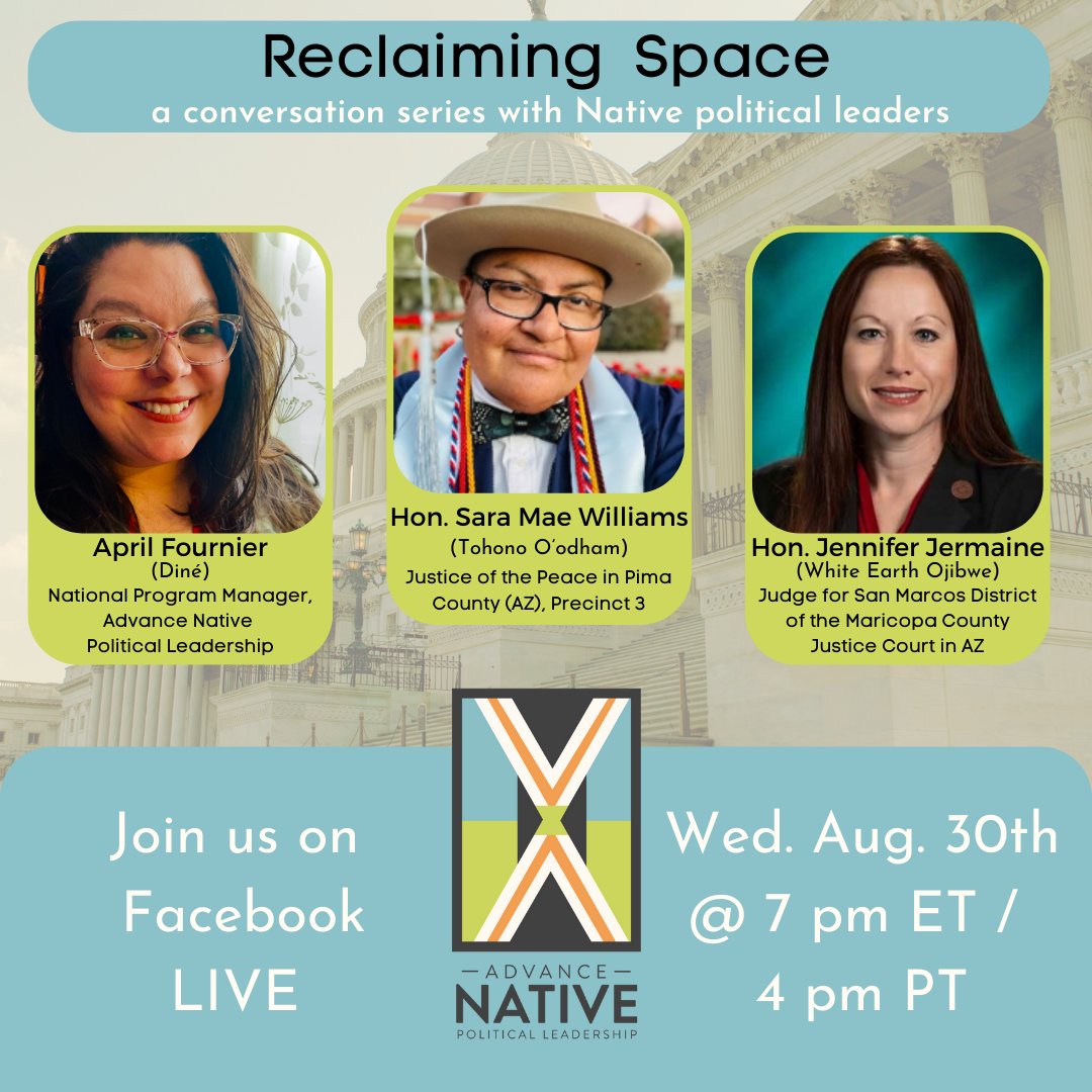 advancenativepl's tweet photo. 📅 Mark your calendars for next Wed., Aug. 30 @ 7 pm ET / 4 pm PT!

Join host April Fournier (Diné) alongside Arizona Justices of the Peace Hon. Sara Mae Williams (Tohono O’odham) &amp; Hon. Jennifer Jermaine (White Earth Ojibwe). 🗳️🏛️

RSVP: https://t.co/Szvrf6Ow8Q

#ReclaimingSpace https://t.co/ca6ek9LYrG