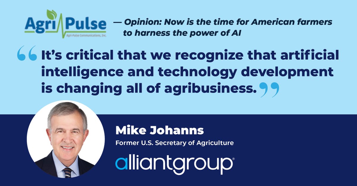 alliantgroup's tweet photo. #alliantgroup’s Mike Johanns shares his insights on the future of #agriculture with innovative #AI solutions in @agripulse. Get the scoop on how farmers can stay ahead of the curve and what incentives the government provides to promote sustainability!
https://t.co/OTfoAV8SgL https://t.co/CJ4vOrdD8M