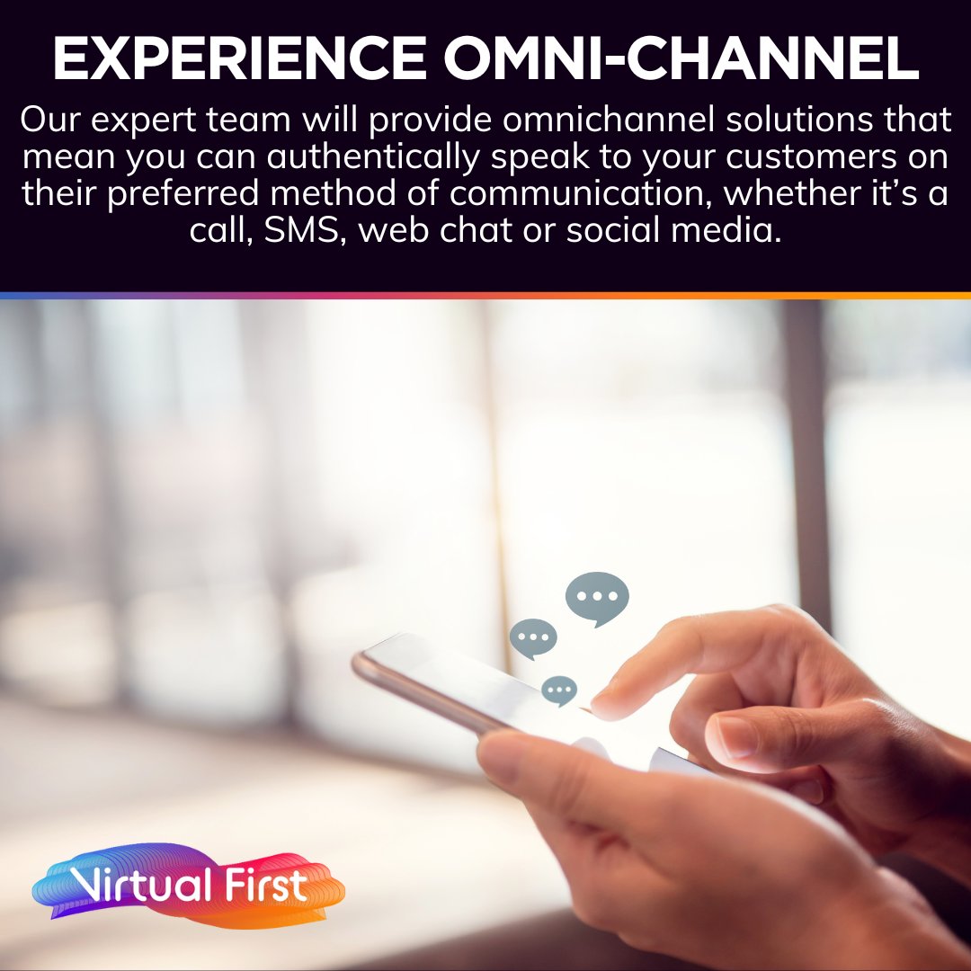 virtual_first's tweet photo. Virtual First's expert team empowers your brand to communicate seamlessly with customers on their terms. 
Our omnichannel solutions cover a diverse spectrum, whether it's a traditional call, quick SMS, convenient web chat, or the vibrant world of social media.
#omnichannel https://t.co/PPIPdsownZ