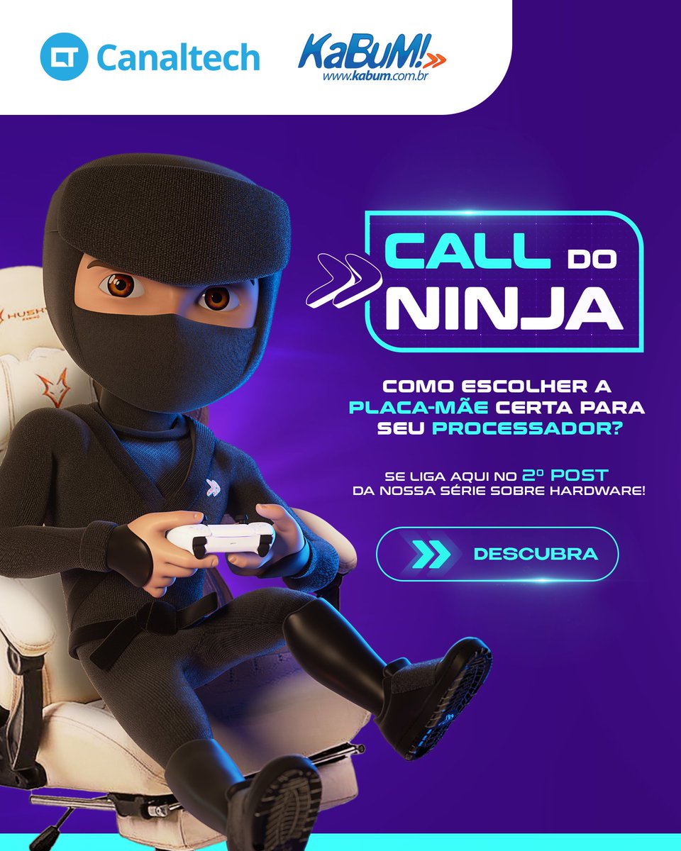 canaltech's tweet photo. 📣 Se liga, #CanalTecher
Tem mais um Call do Ninja do @kabumcombr chegando na área com dicas em Hardware.

O assunto de hoje é: PLACA-MÃE ⚙️
- E aí, você sabe como ela funciona e qual a melhor pra cada tipo de setup? 🤔

Vem saber tudo isso aqui, oh 👇
#KaBuM #PlacaMae #CanalTech