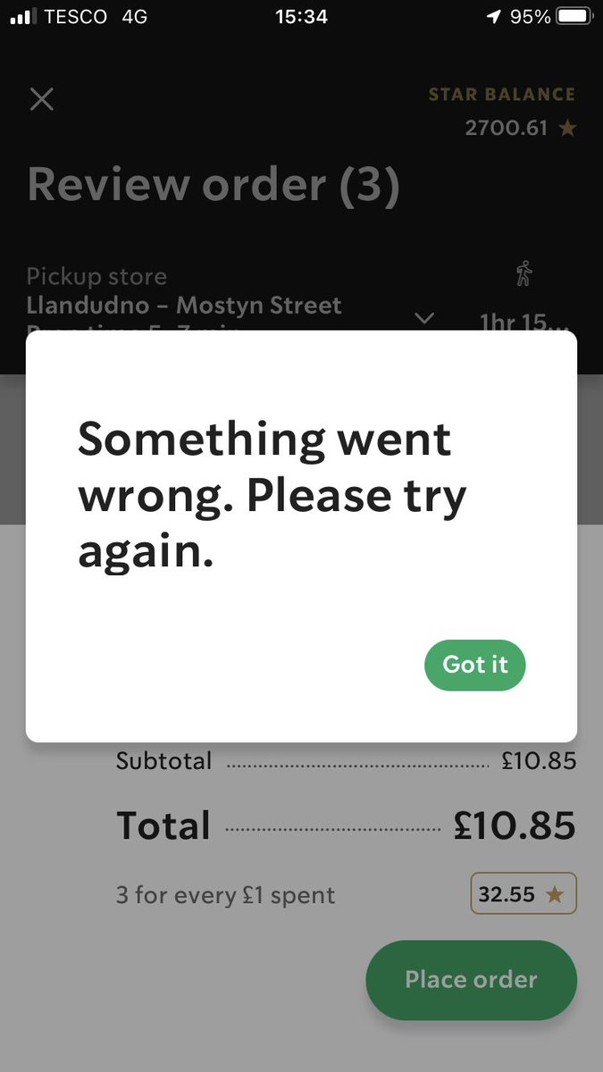 MichelleMcB1's tweet photo. @StarbucksUK why does this keep happening when I order on the app in Llandudno.  I haven’t been able to order ahead there for weeks. Never happens anywhere else and it happened on two different phones today.  #disappointed #ShouldHaveGoneToCosta https://t.co/i5fu5hQHrX
