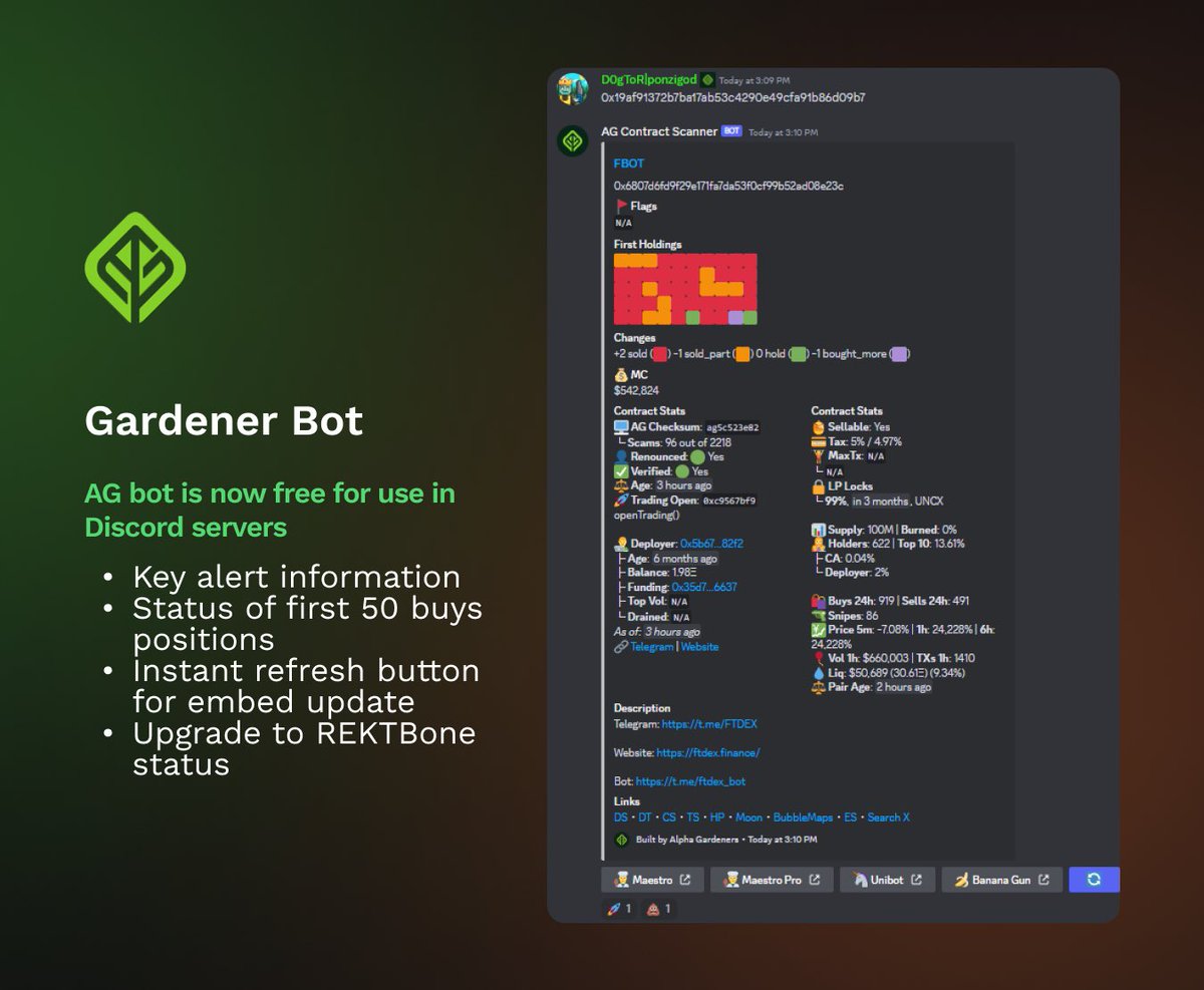 alpha_gardeners's tweet photo. The Alpha Gardeners bot has found its way on Discord servers, invite it now for FREE 🔥 

🎯 We aim to offer an exceptional trading experience for everyone, this bot provides you access to powerful information at a glance

Use it now, invite link below ⤵️ https://t.co/swXuJCv617