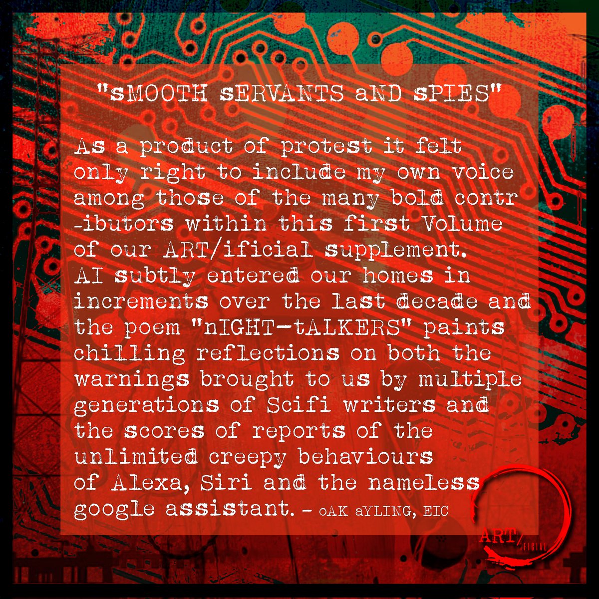 SparePartsLit's tweet photo. π‘ ART/ificial Volume _1 Contributor Spotlight
β¨ Oak Ayling : @OakAyling β¨
Follow our links to Download your free copy of ART/ificial volume _1 Now!
#protestpoetry #litmag #creativewriting #protestai #writersunite #artbyhumans #antiAI #newreads https://t.co/aV2lIbFF2Z