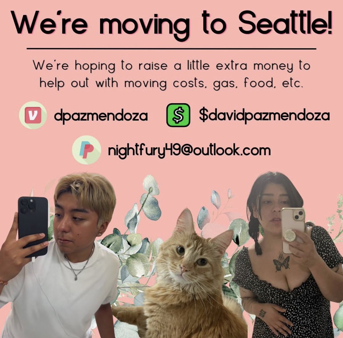 last push bcs we’re a week away from leaving! pls consider helping a couple of QTPOC and their kitty move safely and confidently!! pls retw33t and share <3