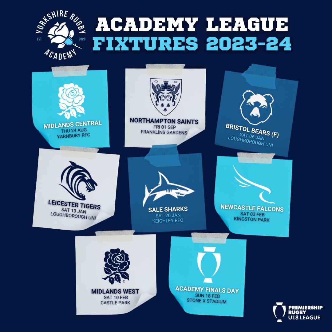 🗓 Confirmed @premrugby Academy League 2023-24 fixtures R1: Midlands Central (H) 24/08 R2: Northampton Saints (A) 01/09 R4: Leicester Tigers (A) 13/01 R5: Sale Sharks (H) 20/01 R6: Newcastle Falcons (A) 03/02 R7: Midlands West (H) 10/02 Finals: TBC (London) 18/02 #WeLeaveBetter