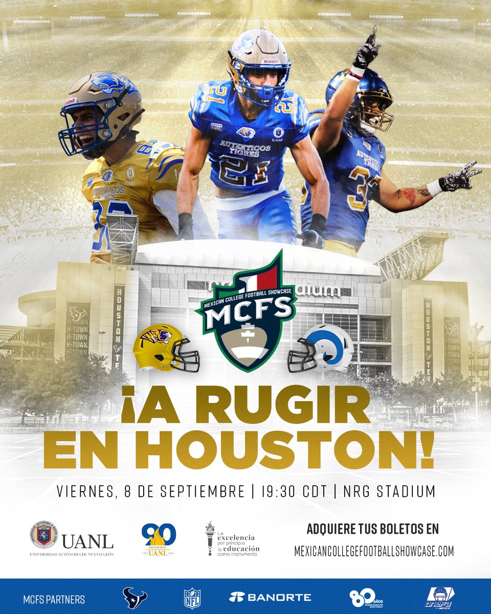 ¡A rugir en Houston! 🐯🏈 El clásico regio estudiantil ahora en Texas: @UANL_Autenticos contra #BorregosMty en el estadio NRG 🏟️ de Houston este 8 de septiembre. ¡Es momento de apoyar! Adquiere tus boletos 🎟️ en lsse.net/mcfs