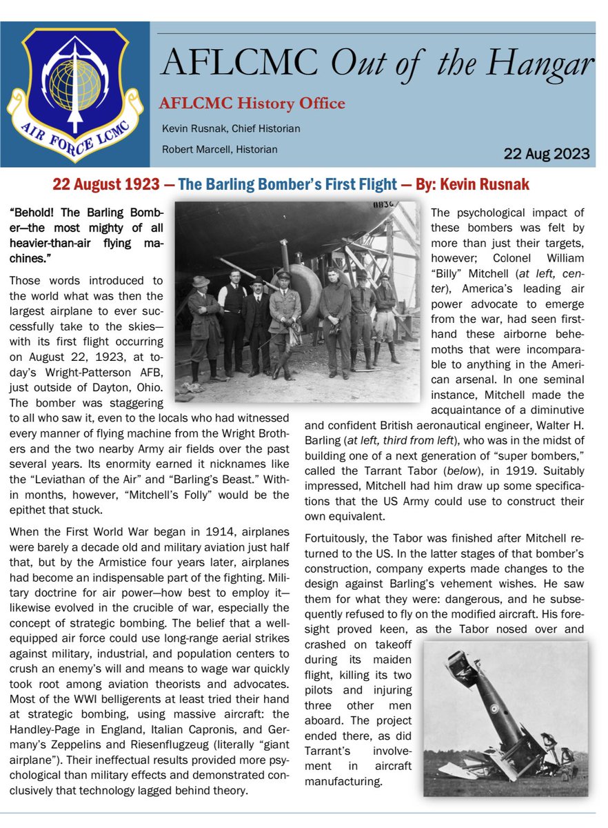 Today is the 100th anniversary of the 1st flight of the “Barling Bomber,” regarded then as the largest flyable aircraft in the world. The project was managed by @McCookField, predecessor for @AFLCMCofficial & @AFResearchLab. Flown @WrightPattAFB. See pics for the story. 1/6
