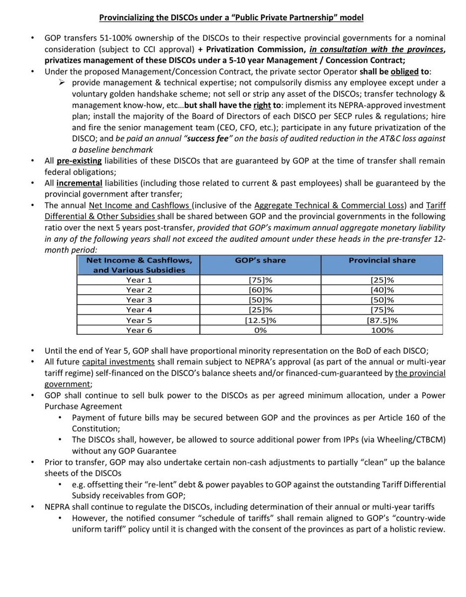 Provincializing DISCOs is per the spirit of 18th Amendment &amp; NFC Award. However, simply dumping them onto the provinces without privatizing their management, and not coordinating the transition with provinces, would be a big mistake. 

Please see attached proposed handover model.