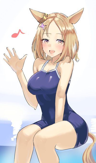 #ウマ娘 

昔フォロワーさんの絵自分の絵柄で描く企画で描いたラフのトプロの清書しました～

本絵は稲月よるさんのスク水トプロです 