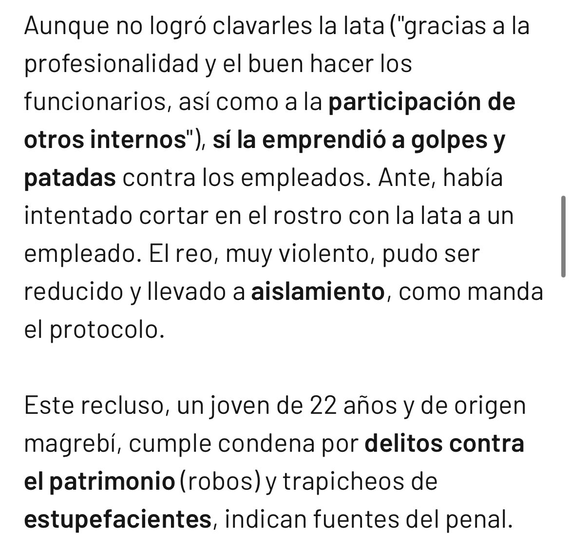 Un preso magrebí intenta cortar el cuello con una lata a 3 funcionarios de #SOSprisiones en #CamposDelRio

La delincuencia q no campa a sus anchas por nuestras calles, la soportan sin medios nuestros funcionarios de prisiones.Hasta cuando?

Todo mi apoyo y pronta recuperación❤️‍🩹