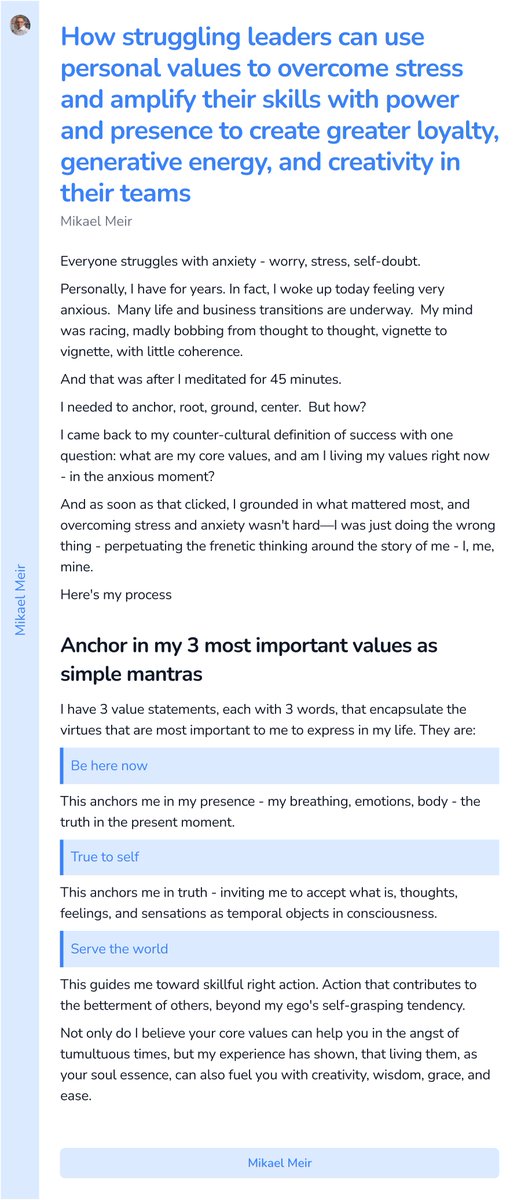 MikaelMeir's tweet photo. How struggling leaders can use personal values to overcome stress and amplify their skills with power and presence to create greater loyalty, generative energy, and creativity in their teams https://t.co/5jT9zZ6yKc