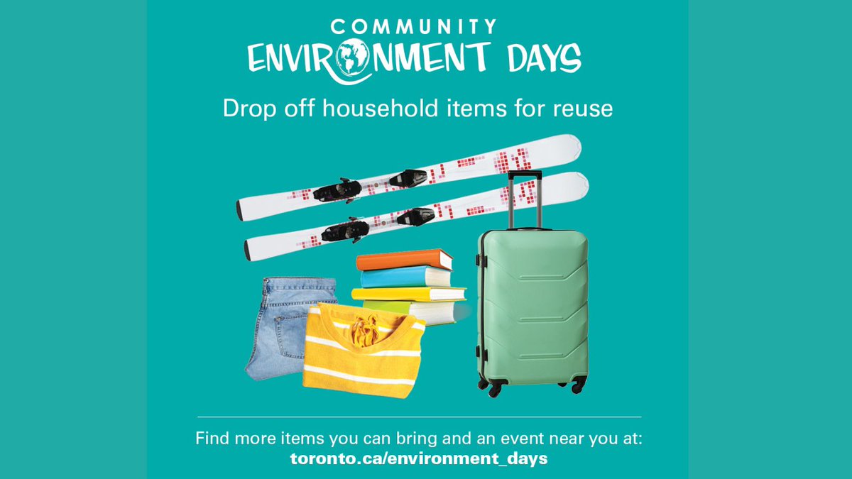 cityoftoronto's tweet photo. Bring books, luggage, clothing or other household items to a Community Environment Day so they can be donated and reused. 
Find an event near you at: https://t.co/jfy4FWXl58 #EnvironmentDaysTO https://t.co/60obXPdoMz