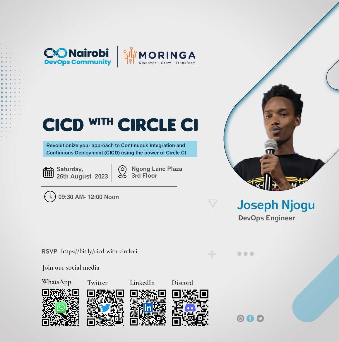 nairobidevops's tweet image. Join us on Saturday, 26th August 2023 at Ngong Lane Plaza(Moringa School) for an interesting practical session on CICD with CIrcleCI facilitated by Joseph Njogu from 9:30am to 12:00 noon.

RSVP: bit.ly/cicd-with-circ…

#devops #devopske #nairobidevopscommunity #moringaschool