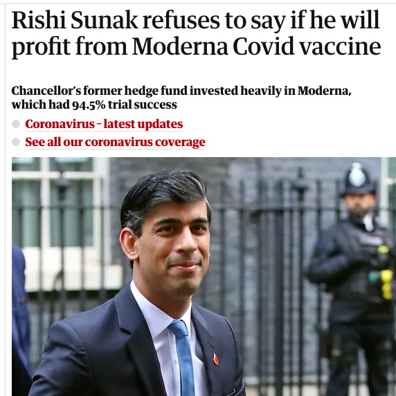 LucyWoodslucy70's tweet photo. The Covid Vaccine made by Moderna will cost you £102 this winter if you are under 65.  It costs them £19.85 to make and they sell it to the NHS for £25.    But Rishi Sunak has shares in Moderna and he wants £80 profit on every shot. https://t.co/o4FORsRek0