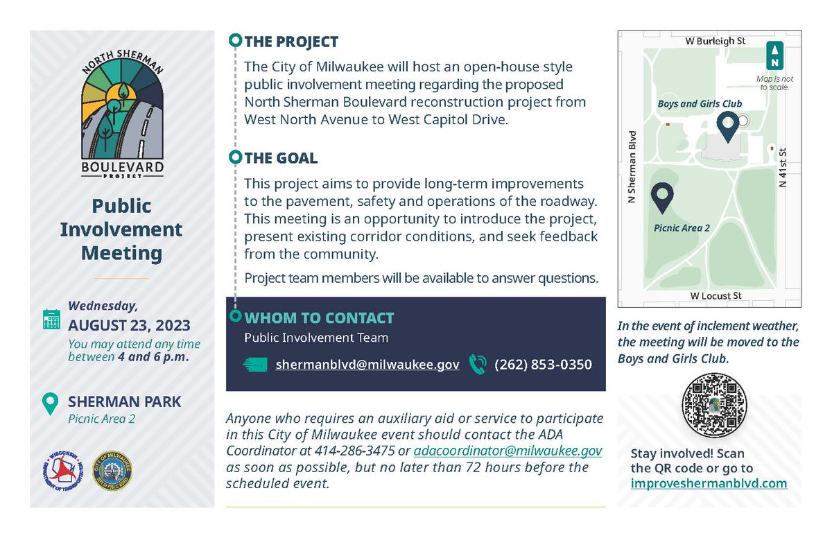 City of Milwaukee - DPW (@milwaukeedpw) on Twitter photo Sherman Park residents: Join us for an important neighborhood meeting about the future of N. Sherman Blvd. Wednesday, August 23, 2023, from 4:00pm to 6:00pm. To be held at Sherman Park, picnic area #2 <a href="/WisDOTsoutheast/">WisDOT Southeast Region</a> <a href="/Khalif_Rainey/">Khalif J. Rainey</a> Sherman Park residents: Join us for an important neighborhood meeting about the future of N. Sherman Blvd. Wednesday, August 23, 2023, from 4:00pm to 6:00pm. To be held at Sherman Park, picnic area #2 <a href="/WisDOTsoutheast/">WisDOT Southeast Region</a> <a href="/Khalif_Rainey/">Khalif J. Rainey</a>