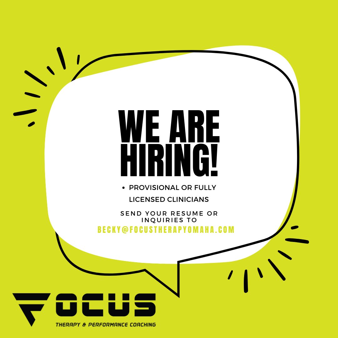 Focus Therapy & Performance Coaching (@therapyfocus) on Twitter photo We are looking to hire a fully or provisionally licensed clinical therapist to our team! If you're interested in private practice or know of someone that is and would like to apply for the position, please email Becky Meline at becky@focustherapyomaha.com. We are looking to hire a fully or provisionally licensed clinical therapist to our team! If you're interested in private practice or know of someone that is and would like to apply for the position, please email Becky Meline at becky@focustherapyomaha.com.