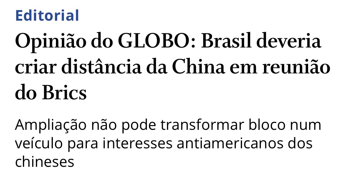O fantástico editorialista de O Globo. Em vez de explorar a competição entre as duas potências, e conseguir o melhor para o Brasil, preocupar- se com os interesses americanos. Alguma diferença da Lava Jato? O subdesenvolvimento é trabalho de gerações.