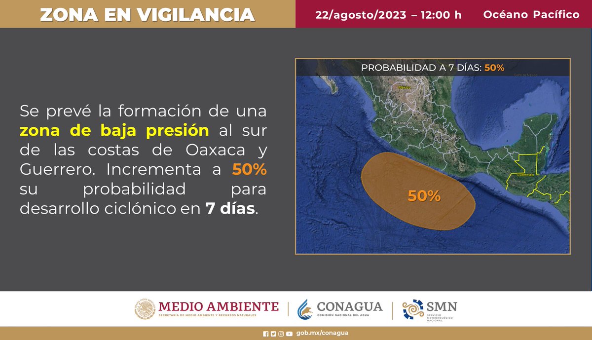 conagua_clima's tweet photo. Se prevé la formación de una zona de #BajaPresión con probabilidad para formar un #CiclónTropical durante los próximos días. Esta zona se encontraría al sur de las costas de #Oaxaca y #Guerrero https://t.co/nB6t6yCoat