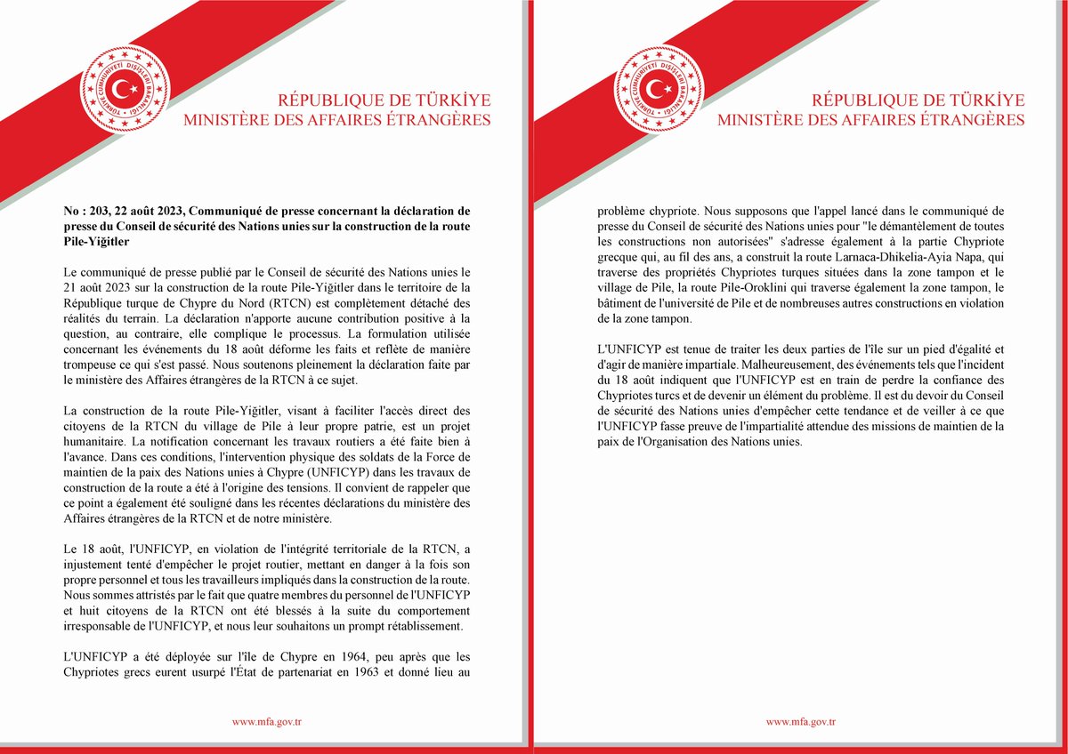MFATurkiyeFR's tweet photo. Communiqué de presse concernant la déclaration de presse du Conseil de sécurité des Nations unies sur la construction de la route Pile-Yiğitler https://t.co/mGfEPnhNbX https://t.co/7WAQrqhhdX