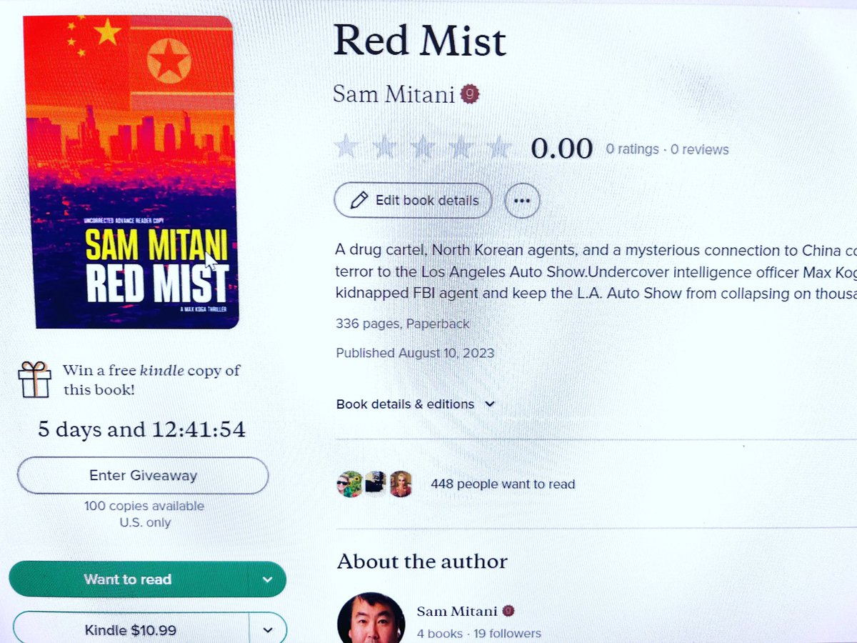 sammitani's tweet image. For those on Goodreads, a new campaign is underway for Red Mist. Win a free kindle copy of the book.

#redmist #kindle #amazon #books #literature #thriller #cars #spy #racing