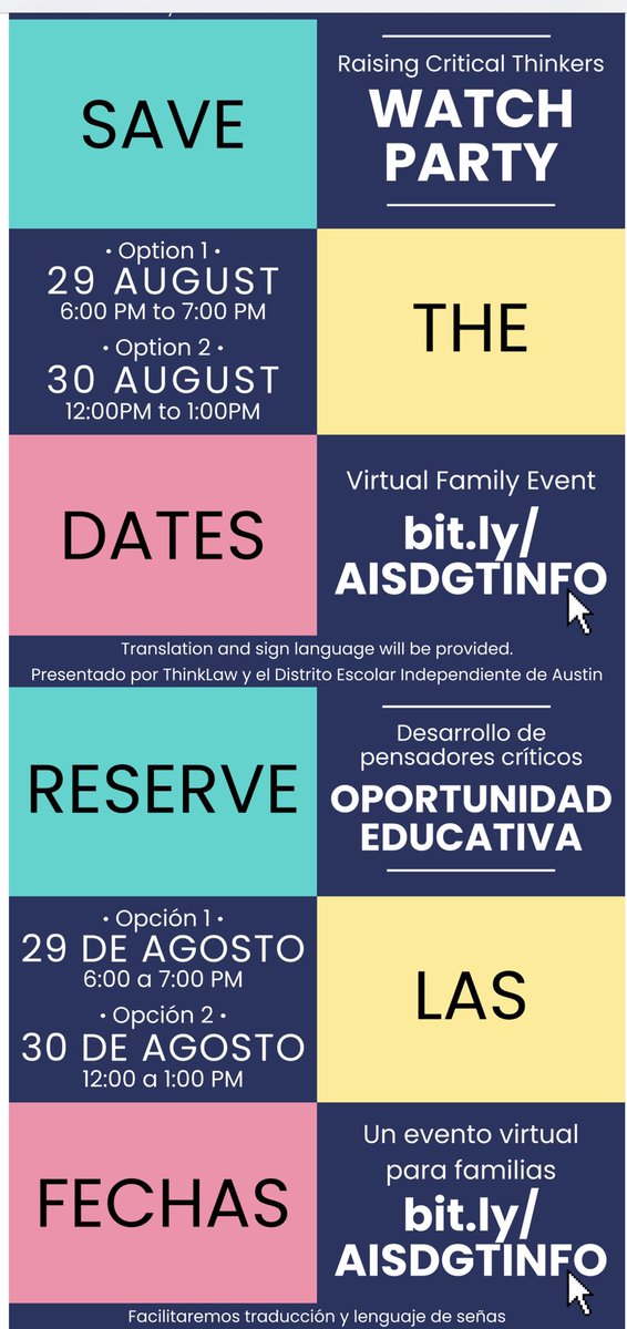 DesiraeSimpson9's tweet photo. Save the date families @ElementaryMcbee! @AISDGifted  is inviting everyone to their virtual event.  Reserve las fechas familia de McBee.  AISD està invitando a todas a su evento virtual. https://t.co/zeDdG43Lvf
