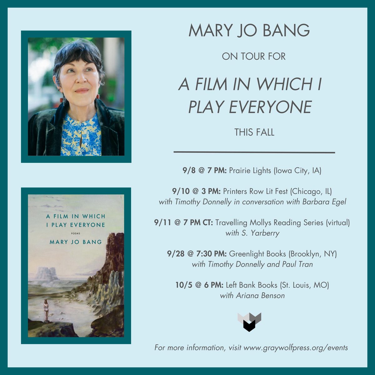 📢 Tour announcement! 📢 Join Mary Jo Bang this fall to celebrate A FILM IN WHICH I PLAY EVERYONE (out Sep. 5th). Event details: graywolfpress.org/events