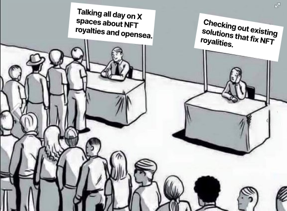 neuro_vtr's tweet photo. Comforting lies vs Unpleasant truths about NFT royalties debacle. https://t.co/GXb271Q4zp