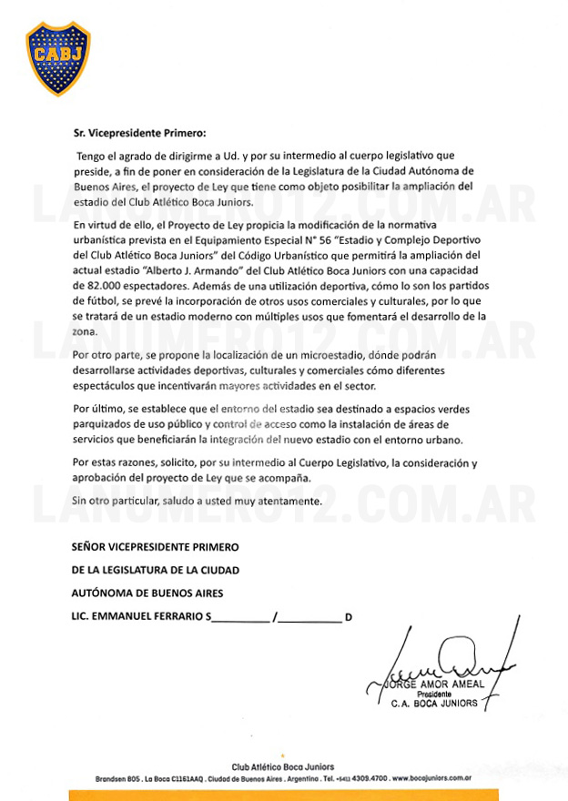 El proyecto de Ley que presentó Ameal ante la Legislatura Porteña para concretar la ampliación de La Bombonera.