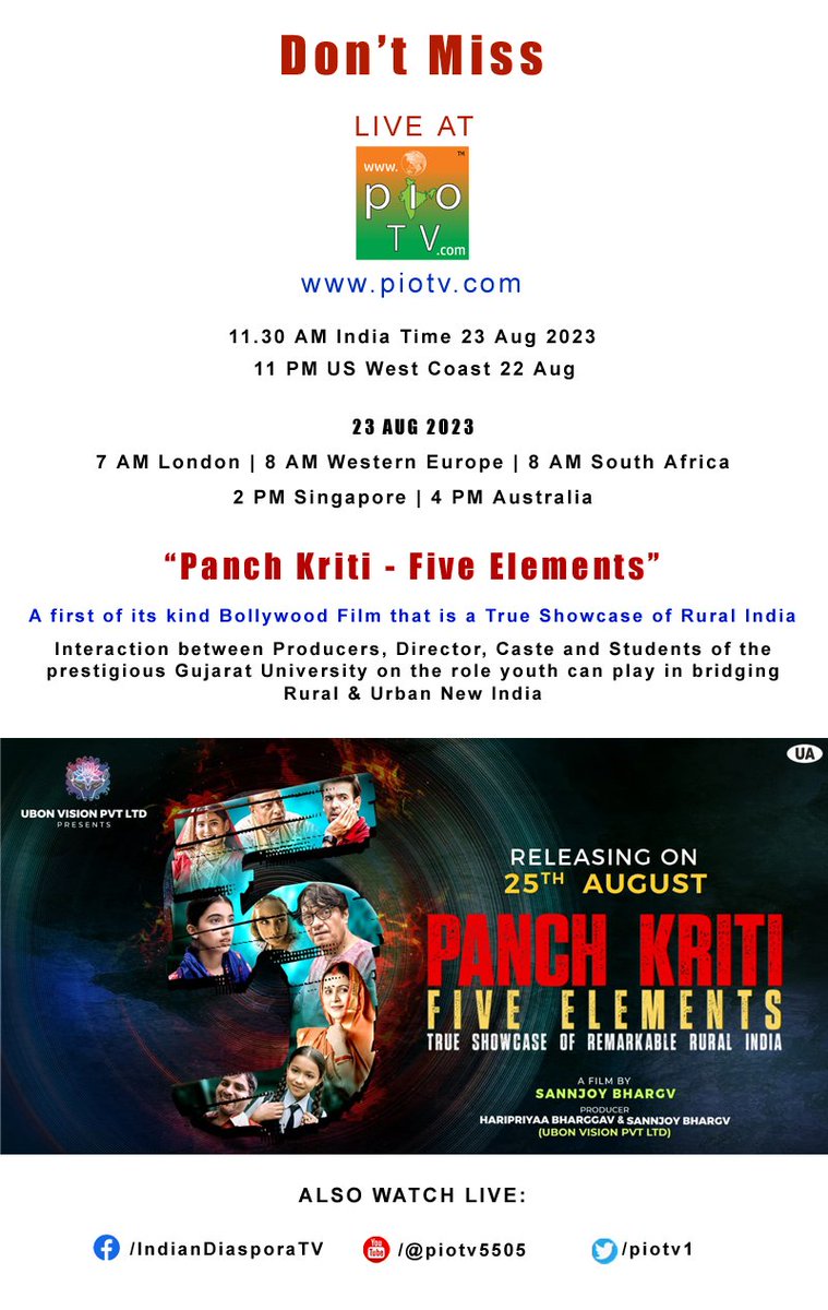 Don’t Miss LIVE AT piotv.com 11.30 AM India Time 23 Aug 2023 11 PM US West Coast 22 Aug 23 AUG 2023 7 AM London | 8 AM Western Europe | 8 AM South Africa 2 PM Singapore | 4 PM Australia “Panch Kriti - Five Elements”