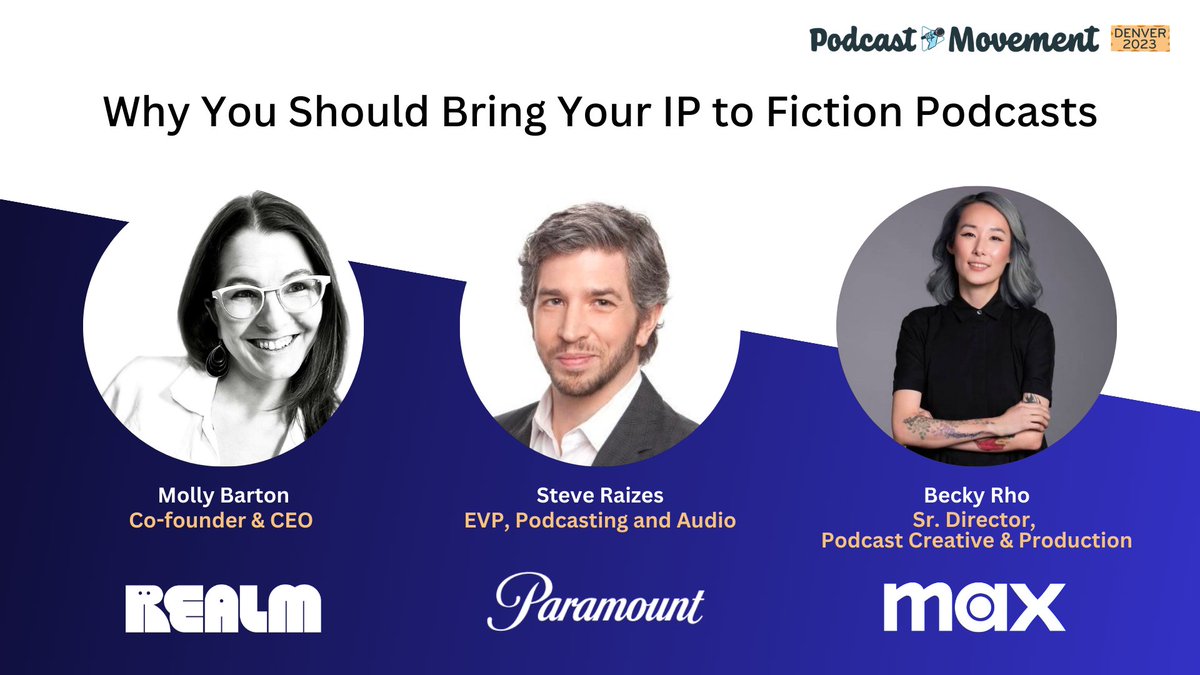 Hey, #PodcastMovement! Stop by the Industry Stage @ 2:30 MT to hear Realm CEO Molly Barton on “Why You Should Bring Your IP to Fiction Podcasts” 🥳🎧

Discover why media giants are increasingly using fiction podcasts to extend their narratives and brands! #PM23 <a href="/PodcastMovement/">Podcast Movement</a>