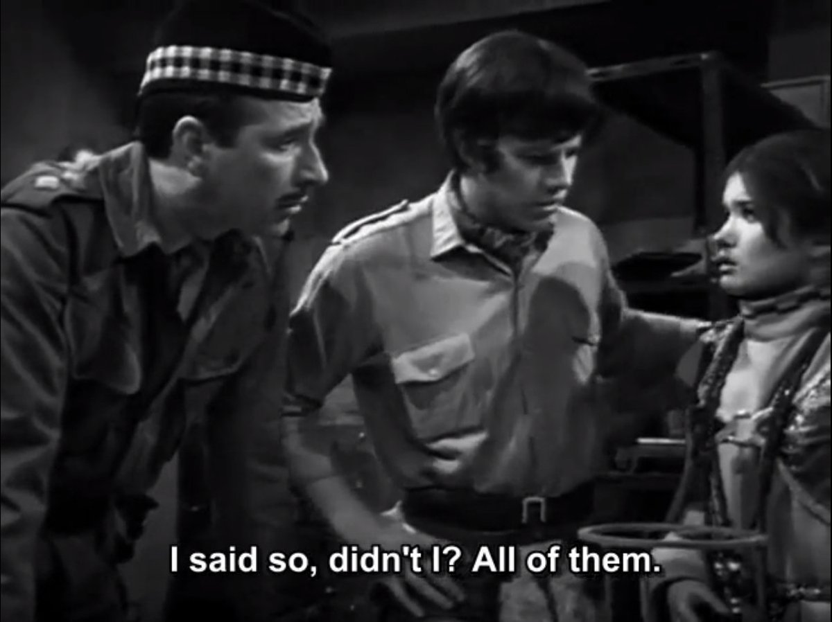 DWUDatabase's tweet photo. The Brig who becomes a great leader does not have the best introduction. We meet him in the tunnels after all of his men (bar Evans) have been killed. He takes control of the military base and then gets them all killed as well. Not a auspicious start #DoctorWho #WebofFear https://t.co/EAKswp4D0D