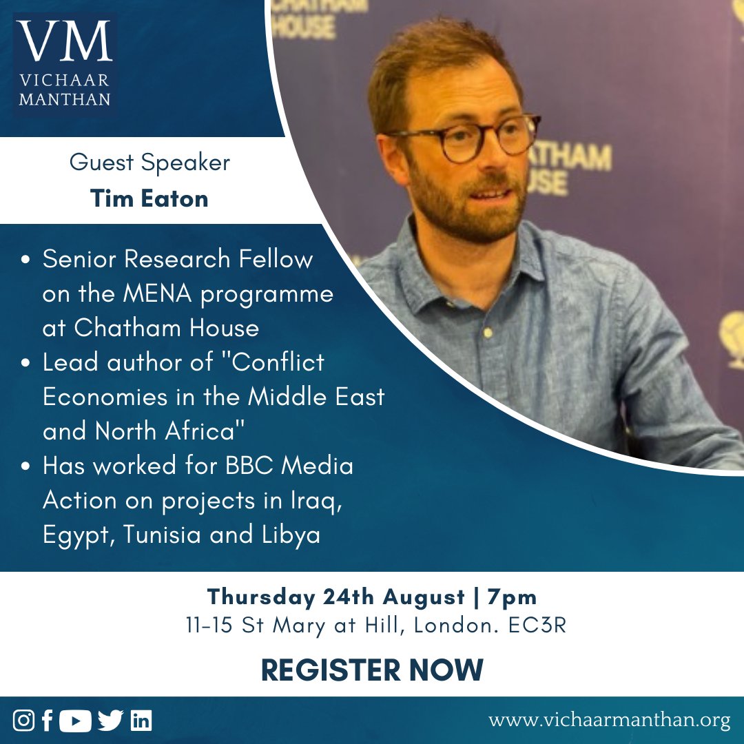 Tim Eaton is the guest speaker for our event this week in London:

"Inside the Think Tank: Understanding Policy Shapers"

Register now at …sidetheThinkTank2023.eventbrite.co.uk

#thinktanks #policies #UK #research #brexit #foreignpolicy #vichaarmanthan