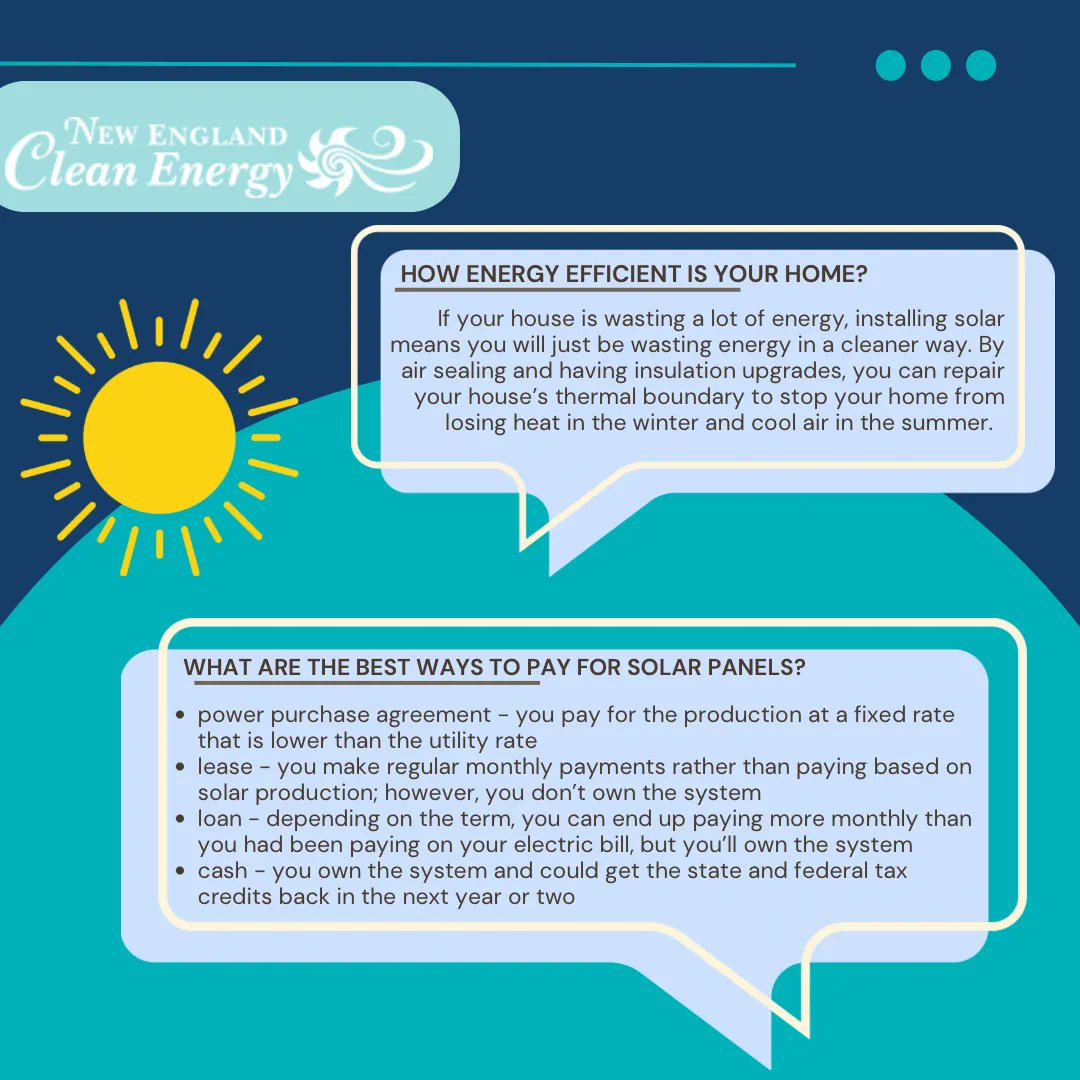 NE_Clean_Energy's tweet image. When you are first considering installing a solar system, you should first make sure that you have an understanding of the basics of solar and what happens once a system is installed on your property. New England Clean Energy is here to help! ☀️ 
#solartips #solar