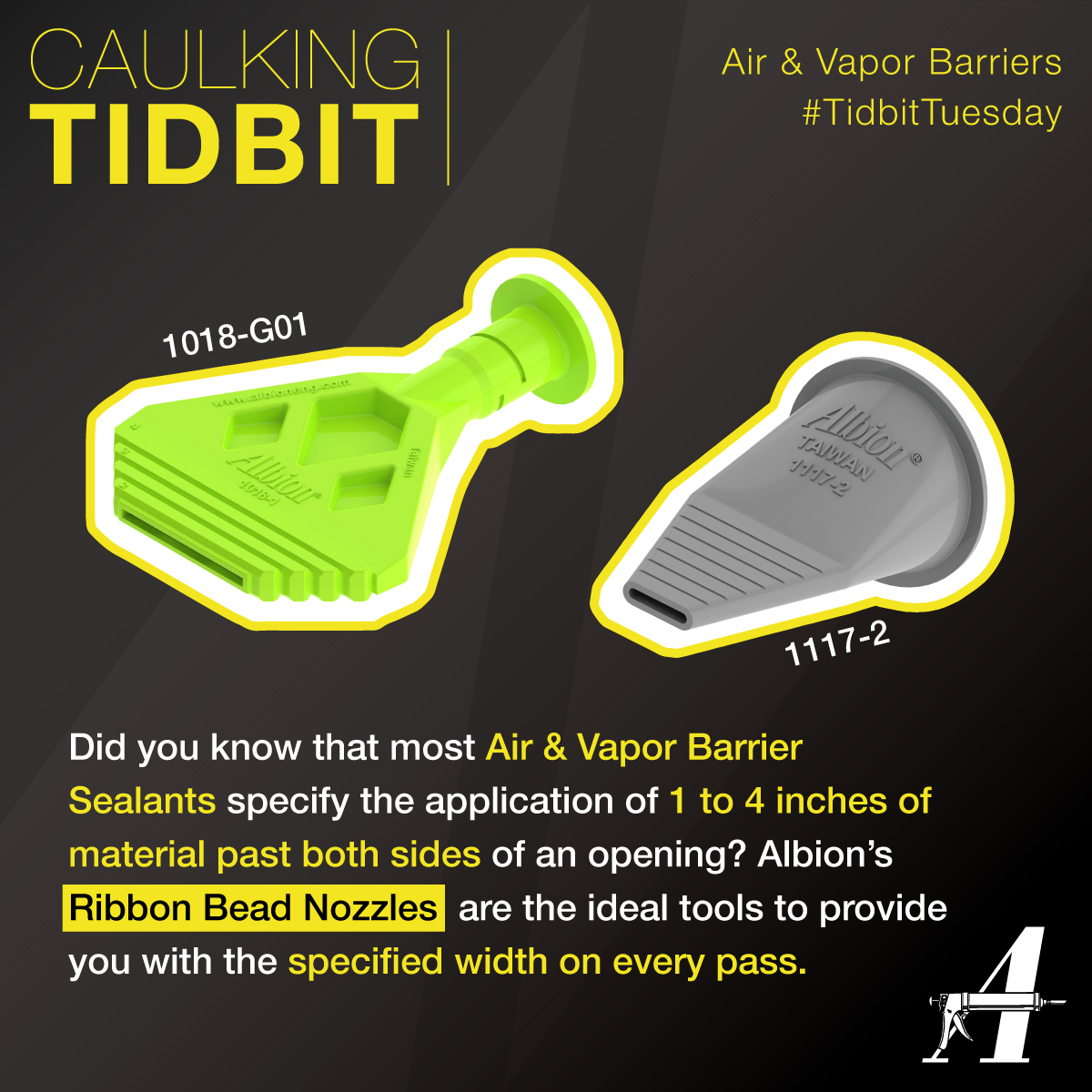 AlbionEngCo's tweet photo. With Albion's Ribbon Bead Nozzles, you can apply material up to 4 inches wide with each pass - perfect for maximizing protection and keeping your project up to code!
#TidbitTuesday #CaulkingTidbit #flashing #airbarrier #vaporbarrier #wedispensethat #albioneng
4w https://t.co/rb9frjRkyA