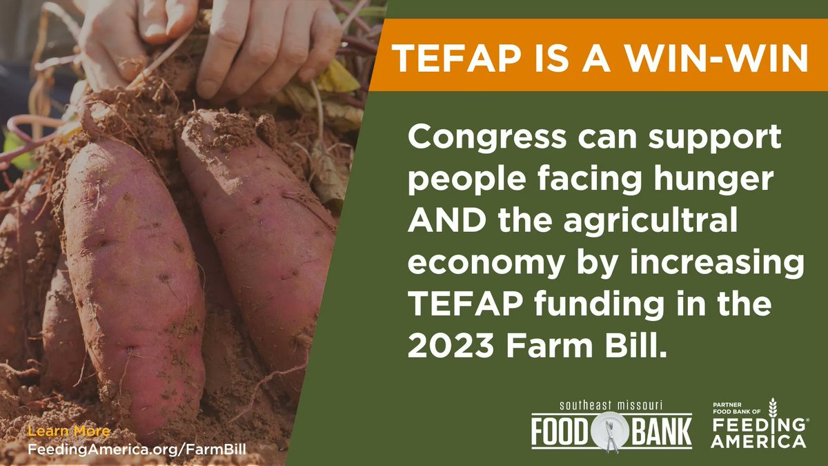 SEMO Food Bank (@semofoodbank) on Twitter photo Through #TEFAP, <a href="/USDA/">Dept. of Agriculture</a> purchases healthy foods from U.S. growers and producers. Food-distributing orgs like SEMO Food Bank then partner with states to get that food to people facing hunger. We hope Congress will bolster this important program with the #2023FarmBill Through #TEFAP, <a href="/USDA/">Dept. of Agriculture</a> purchases healthy foods from U.S. growers and producers. Food-distributing orgs like SEMO Food Bank then partner with states to get that food to people facing hunger. We hope Congress will bolster this important program with the #2023FarmBill