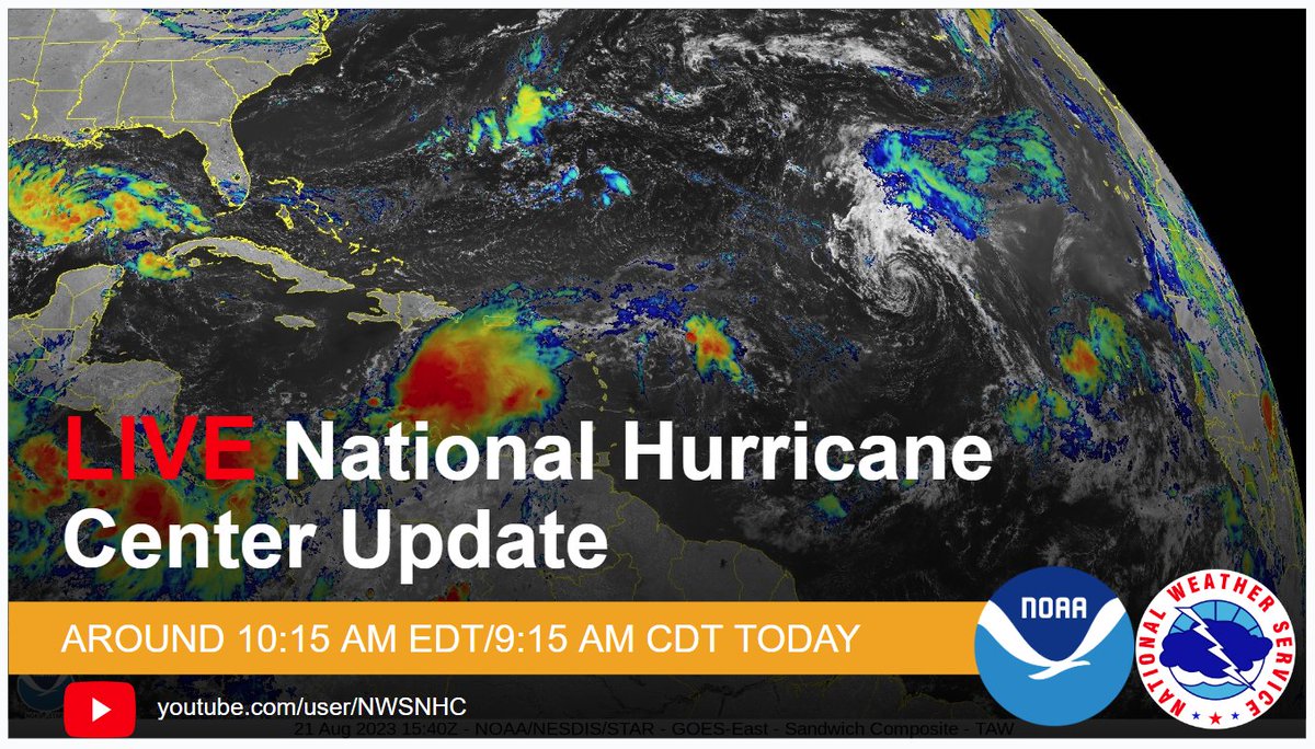 The National Hurricane Center Deputy Director Jamie Rhome will provide a live update on the tropics around 10:15 AM EDT/9:15 AM CDT. Please join us on Facebook Live or our National Hurricane Center YouTube Page at: youtube.com/user/NWSNHC