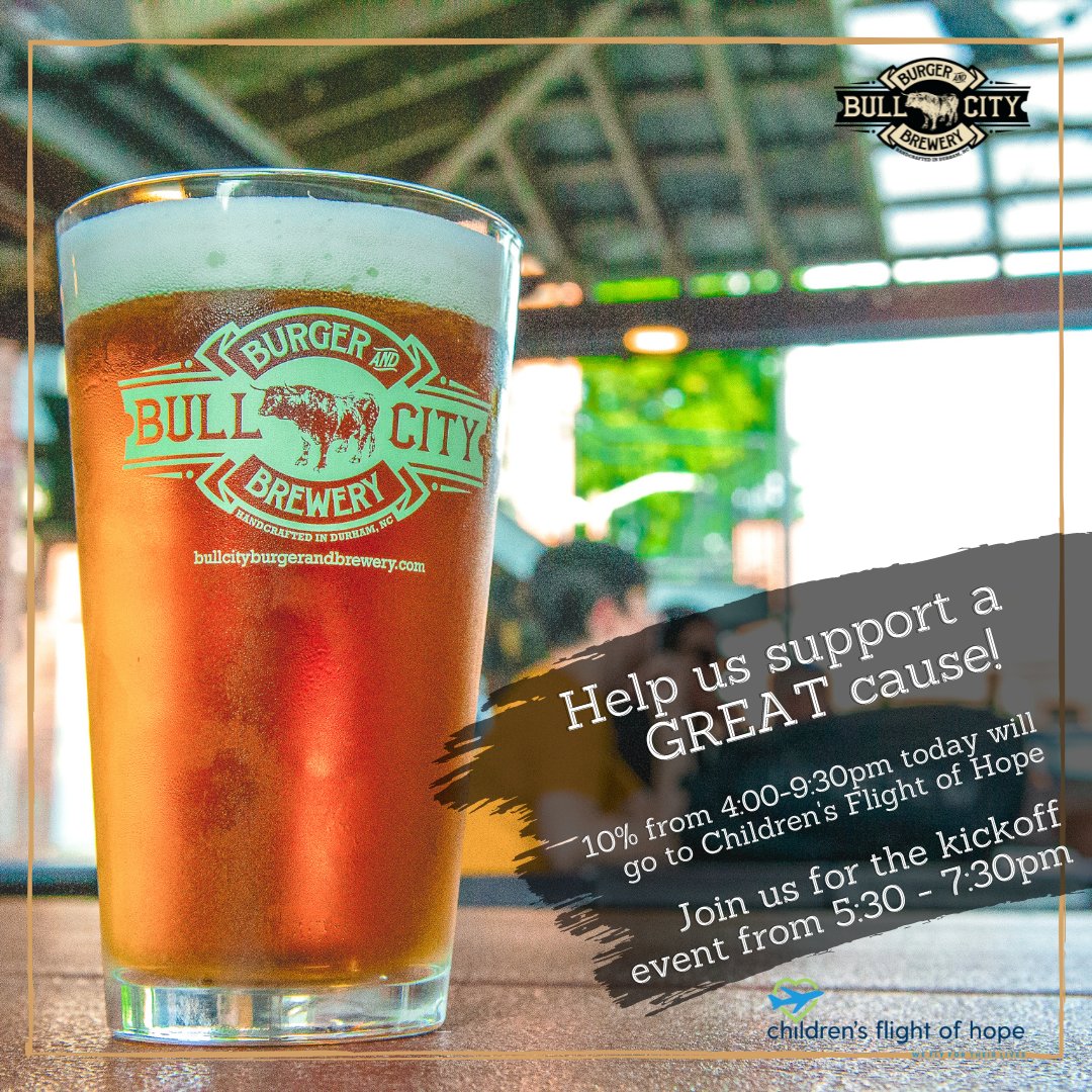 BullCityBurger's tweet photo. Stop by and grab a burger and beer to help us raise money for a great cause: #ChildrensFlightofHope. 

10% of sales from 4:00pm - 9:30pm today will be donated to this amazing charity. Please join us for the #HopsforHope kickoff event from 5:30 - 7:30pm! https://t.co/0e52rKfjzS