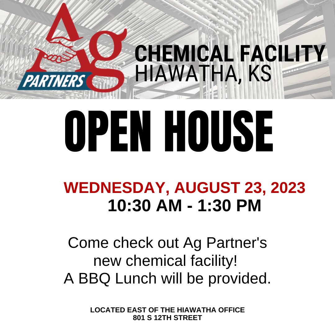 AgPartnersCoop's tweet photo. ❗️DO NOT FORGET! ❗️

Ag Partners is hosting an open house for anyone interested in learning more about the new chemical building in Hiawatha.

(P.S. The building will be cooled &amp; a BBQ lunch will be provided!)

#APC #agpartners #ChemicalBuilding https://t.co/WbqTMNUFqW